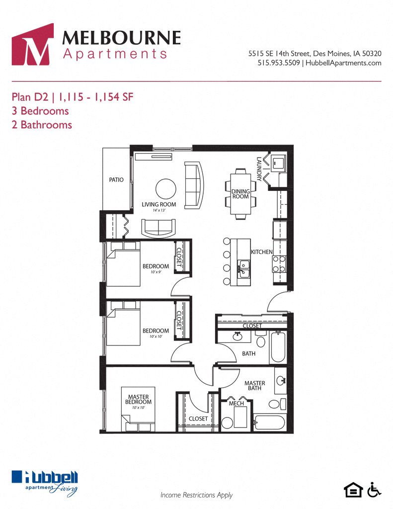 Floor plan for 3 beds, 2 baths, 1154 sqft